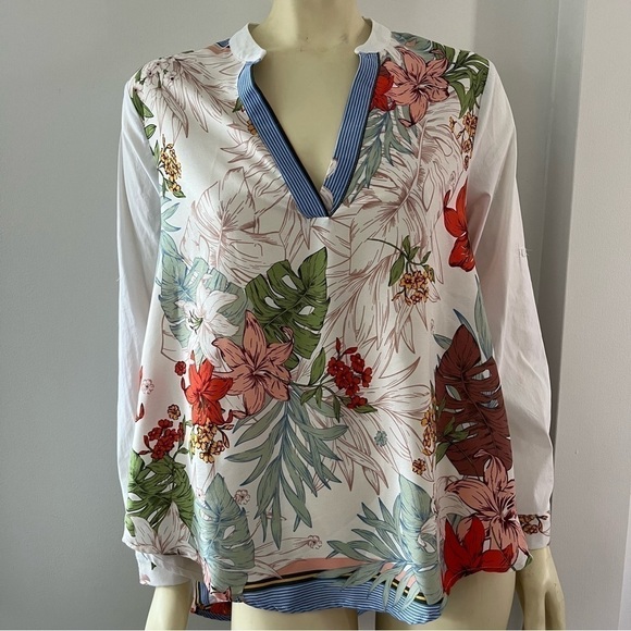 TEMPO Paris Women’s Hi Low Floral V Neck Pull Over Blouse mixed patterns M - Picture 1 of 13